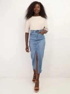 Jupe En Denim Mi-longue Et Fendue -Mode Étoilée Soldes Magasin N02 Q3902 BLU 3