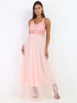 Robe Longue En Tulle Et Dentelle -Mode Étoilée Soldes Magasin O32 8273 1 PNK 3