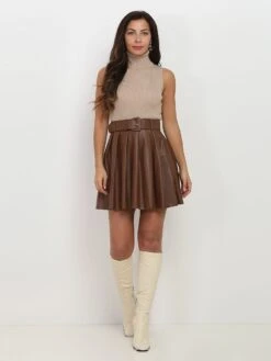 Jupe Plissée En Simili Ceinturée -Mode Étoilée Soldes Magasin O34 MC9050 BRW 3