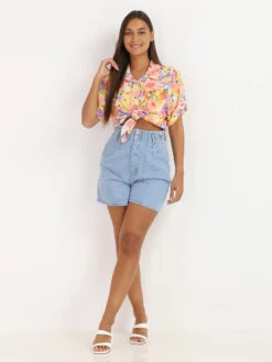 Short En Jeans Taille Haute à Pinces -Mode Étoilée Soldes Magasin P13 SA3250 BLU 3
