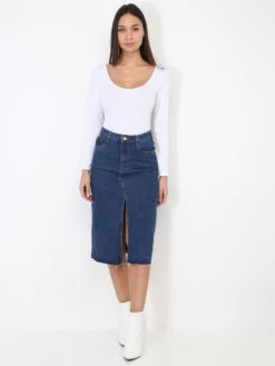 Jupe Denim Fendue -Mode Étoilée Soldes Magasin P20 D978 DKBLU 3