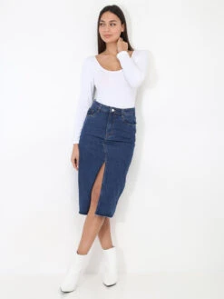 Jupe Denim Fendue -Mode Étoilée Soldes Magasin P20 D978 DKBLU 4