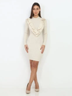 Robe Pull Côtelée à Volants -Mode Étoilée Soldes Magasin P21 HM7691 LTBGE 3