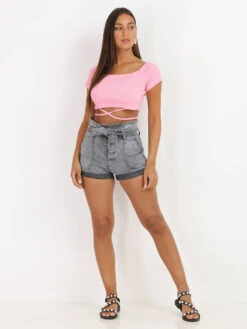 Short En Denim Taille Haute Et Ceinturé -Mode Étoilée Soldes Magasin Q13 B995 DKGRY 3