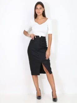 Jupe Moulante Boutonnée Et Fendue -Mode Étoilée Soldes Magasin Q13 C9210 BLK 3