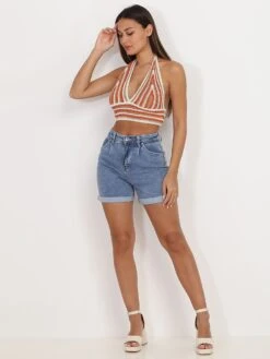 Short à Pinces En Jean Bleu Avec Ourlets Bleu -Mode Étoilée Soldes Magasin Q18 SA3256 BLU 3