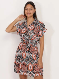 Robe Fluide Ceinturée à Motif Ethnique