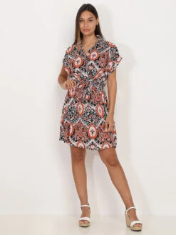 Robe Fluide Ceinturée à Motif Ethnique -Mode Étoilée Soldes Magasin R03 23398 BLK 3