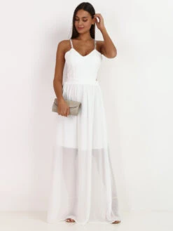 Robe Longue à Double Bretelles Croisées -Mode Étoilée Soldes Magasin R08 4360 WHT 3