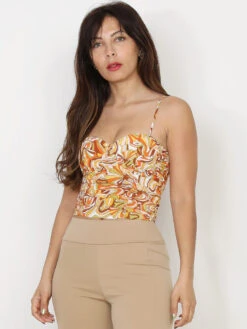 Top Style Corset Orange à Imprimé Rétro Jaune
