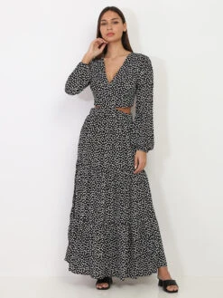 Robe Longue à Petites Fleurs Et Découpes -Mode Étoilée Soldes Magasin R14 L26077 1 BLK 3
