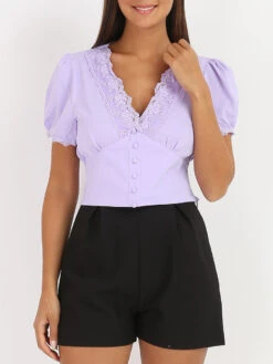 Top à Dentelle Et Manches Bouffantes