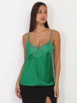 Caraco Vert à Col V En Dentelle Vert