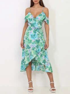 Robe Portefeuille à Volants Et Fleurs