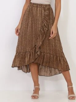 Jupe Portefeuille Camel Imprimée Léopard Mi-longue Marron