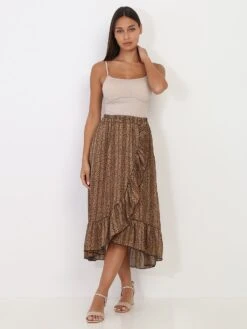 Jupe Portefeuille Camel Imprimée Léopard Mi-longue Marron -Mode Étoilée Soldes Magasin S15 8235 H BRW 3