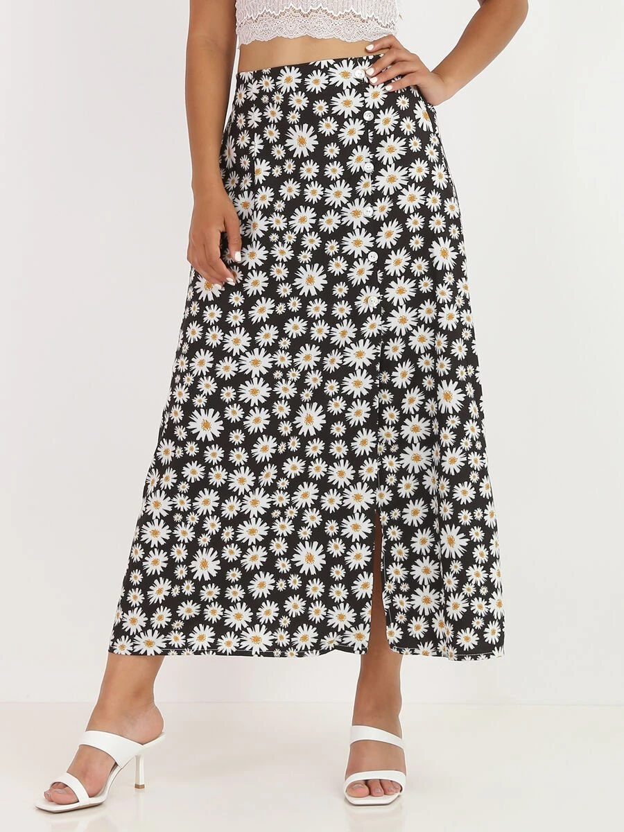 Jupe Mi-longue Fendue à Fleurs 1 Jupe Mi-longue Fendue à Fleurs