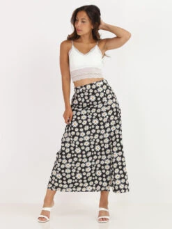 Jupe Mi-longue Fendue à Fleurs 5 Jupe Mi-longue Fendue à Fleurs -Mode Étoilée Soldes Magasin S16 2217 1 BLK 3