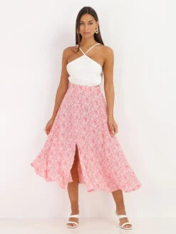 Jupe Patineuse à Fleurs Avec Fente -Mode Étoilée Soldes Magasin S18 P8286 RED 3