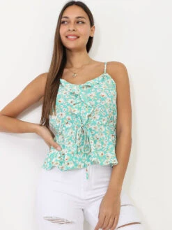 Mode Étoilée Soldes Magasin 7 Top Vert à Fleurs Avec Volants Et Lanières Vert Clair