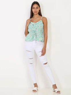 Top Vert à Fleurs Avec Volants Et Lanières Vert Clair -Mode Étoilée Soldes Magasin T05 23392 LTGRN 4