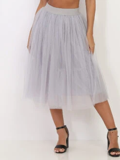 Jupe évasée Mi-longue Grise En Tulle Gris