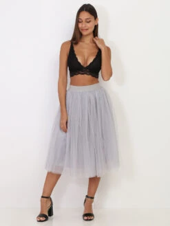 Jupe évasée Mi-longue Grise En Tulle Gris -Mode Étoilée Soldes Magasin T09 W2136 GRY 3