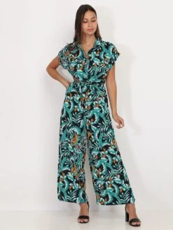 Combinaison Fluide à Imprimé Feuilles 5 Combinaison Fluide à Imprimé Feuilles -Mode Étoilée Soldes Magasin T10 23397 BLKGRN 3