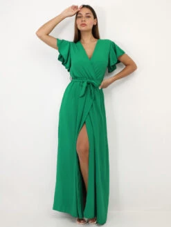 Robe Longue Fendue à Col Cache Coeur