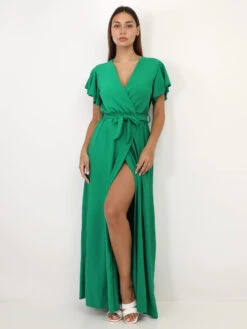 Robe Longue Fendue à Col Cache Coeur -Mode Étoilée Soldes Magasin T10 6810 GRN 4