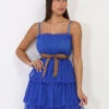 Robe Bleue Ceinturée à Volants En Tulle Bleu