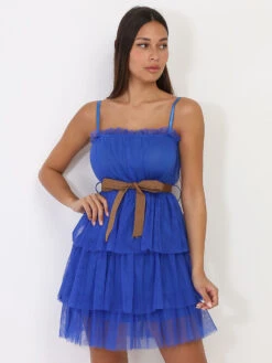 Robe Bleue Ceinturée à Volants En Tulle Bleu