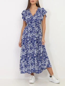 Robe Volantée à Boutons Et Motif Fleurs