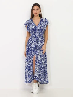 Robe Volantée à Boutons Et Motif Fleurs -Mode Étoilée Soldes Magasin T20 P8262 N BLU 3