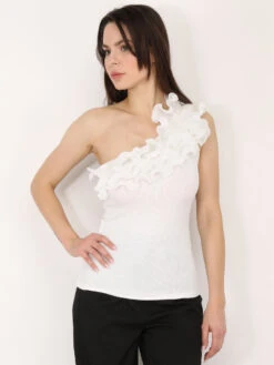 Top à Col Asymétrique Volanté -Mode Étoilée Soldes Magasin U18 JMC19351 WHT 3