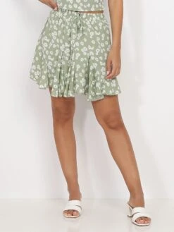 Jupe Patineuse Verte à Volants Et Motif Fleurs Vert