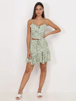 Jupe Patineuse Verte à Volants Et Motif Fleurs Vert -Mode Étoilée Soldes Magasin U19 3646 GRN 3