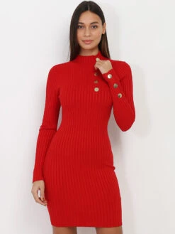 Robe Côtelée à Boutons Et Col Montant