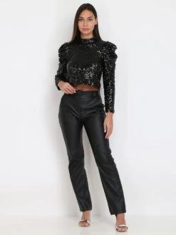 Top En Sequins à Manches Ballon -Mode Étoilée Soldes Magasin V11 3625 BLK 3