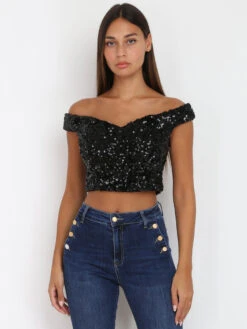 Crop Top à Détails Paillettes