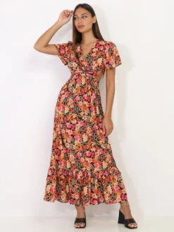 Robe Longue Noire à Fleurs Orange Avec Découpes Noir