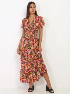 Robe Longue Noire à Fleurs Orange Avec Découpes Noir -Mode Étoilée Soldes Magasin V18 1062 BLK 3