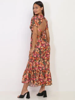 Robe Longue Noire à Fleurs Orange Avec Découpes Noir -Mode Étoilée Soldes Magasin V18 1062 BLK 4