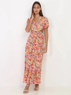 Robe Longue Blanche à Fleurs Orange Avec Découpes Blanc