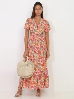 Robe Longue Blanche à Fleurs Orange Avec Découpes Blanc -Mode Étoilée Soldes Magasin V18 1062 WHT 3