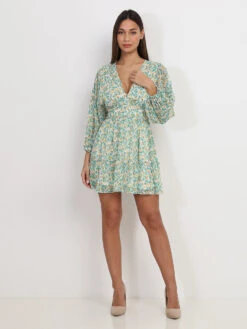 Robe Patineuse Fleurie à Col V -Mode Étoilée Soldes Magasin V20 22766 GRN 3