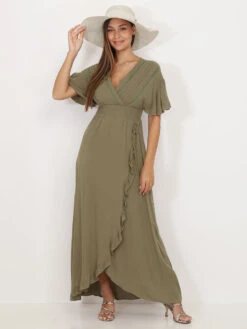 Robe Longue Portefeuille à Volants -Mode Étoilée Soldes Magasin V25 1037 KHK 4