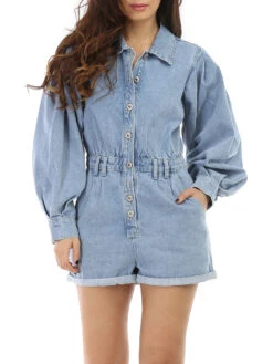 Combi-short En Jeans à Manches Bouffantes