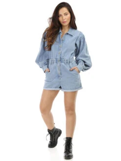 Combi-short En Jeans à Manches Bouffantes 6 Combi-short En Jeans à Manches Bouffantes -Mode Étoilée Soldes Magasin V28 VA3116 BLU 3