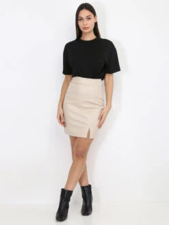 Jupe Droite Fendue En Simili -Mode Étoilée Soldes Magasin W08 DQ039 BGE 4